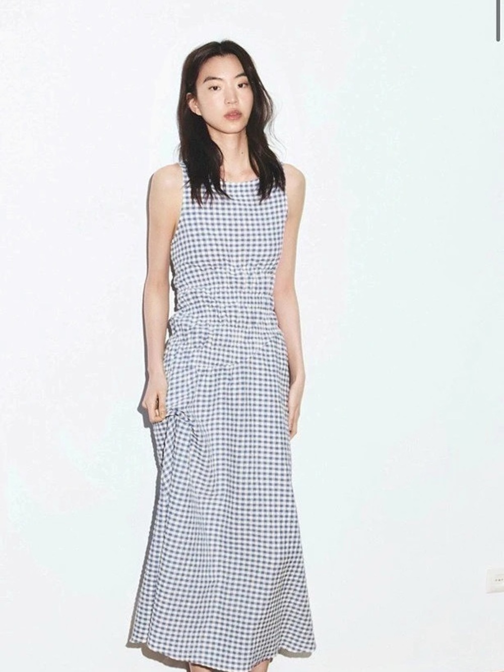 ZARA Gingham Check Midi Dress in Blue & White Large NWT